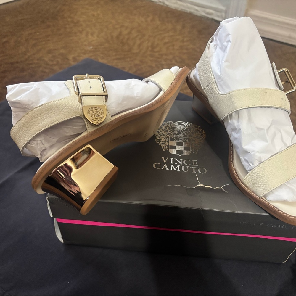 Vince Camuto Cream Leather Block Heel Sandals with Gold Accent